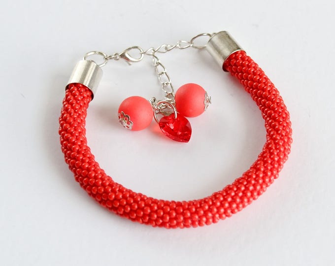 red bracelet, beaded bracelet, christmas bracelet, women bracelet, seed bead bracelet, swarovski bracelet, crochet bracelet, pastel bracelet