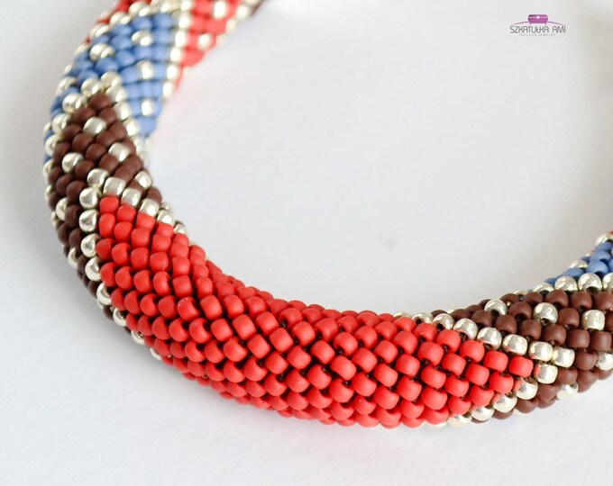 Red blue brown bracelet crochet colorful bracelet beaded bracelet handmade bangle braclets womens girls gift glass beads effect shading her