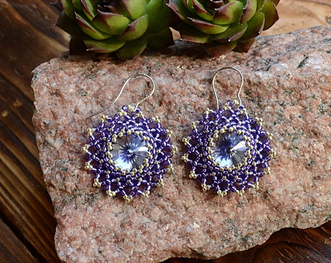 crystal earrings, Rivoli earrings, Swarovski earrings, flower earrings, purple earrings, glowing earrings, maroon earrings, party earrings