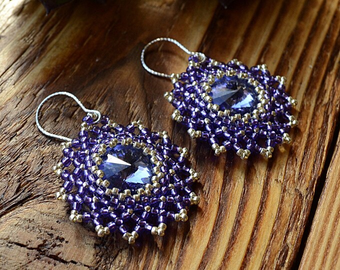 crystal earrings, Rivoli earrings, Swarovski earrings, flower earrings, purple earrings, glowing earrings, maroon earrings, party earrings