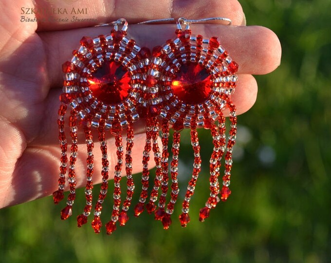 Red Crystal earrings, swarovski earrings, boho earrings, Small glass beads, hand woven, fringe earrings, medium earrings, silver hooks