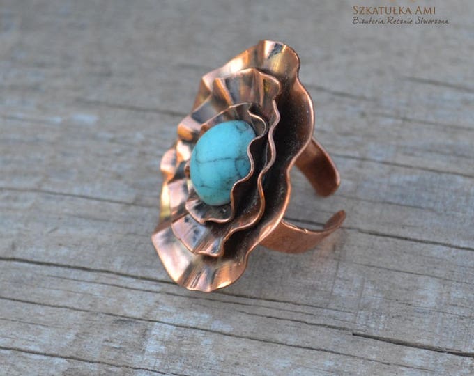 gypsy ring, turquoise ring, copper ring, flower big ring, statement ring, engagement ring, handcrafted ring, present for lady, women gift