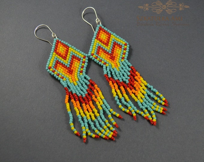 Seed Bead earrings, rainbow earrings, native style, long fringe earrings, tiny bead earrings, small bead earrings, tiny dangle earrings