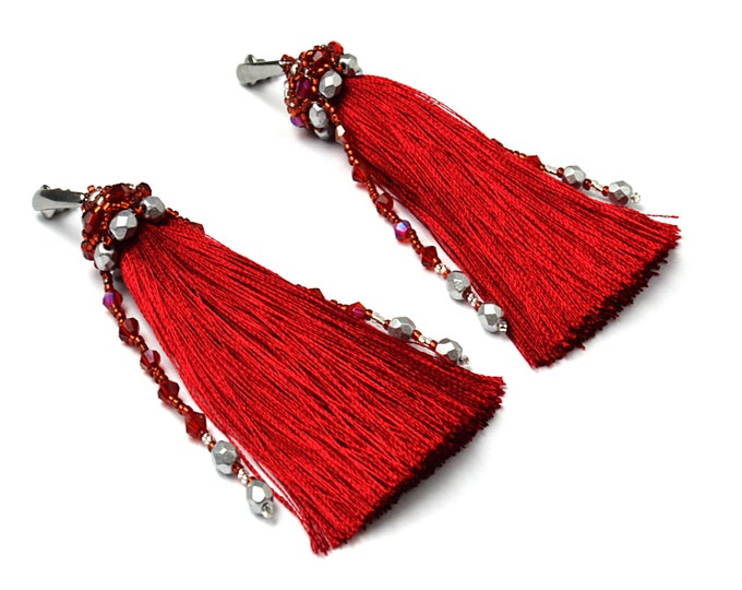 red fringe earrings, tassel earrings, tassel jewelry, elegant long tassels, boho chic earrings, beaded earrings, seed bead earrings, women