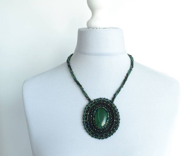 Malachite necklace, embroidered necklace, statement necklace, green necklace, beaded necklace, seed bead necklace, large necklace