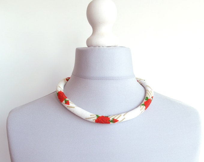 Red roses necklace Seed beads necklace Silver gold white Tube necklace Crochet necklace Flowers necklace Wedding necklace Gift for her Women