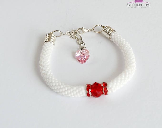 Red zirconia bracelet crystal white bracelet seed beads bracelet anniversary gift for her net bracelet thank you gift for friends girls