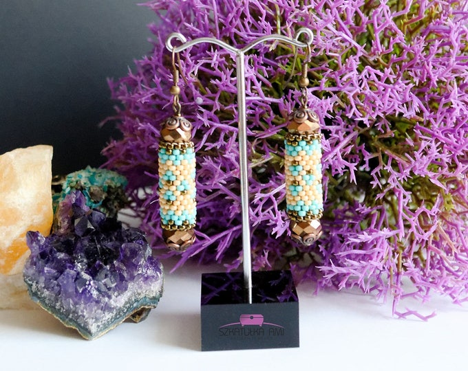 Turquoise sticks Bronze small earrings Seed beaded earrings Colorful earrings birthday gift friend Wicker hanging earrings Womens girls gift