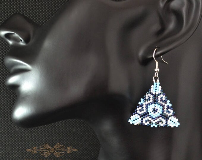 Blue triangles earrings Woven earrings Sedd beads earrings Shadow blue Beads earrings Gift for her Elegant earrings Drop earrings Dangle