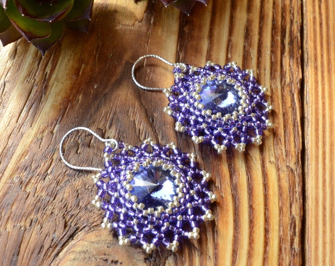 crystal earrings, Rivoli earrings, Swarovski earrings, flower earrings, purple earrings, glowing earrings, maroon earrings, party earrings