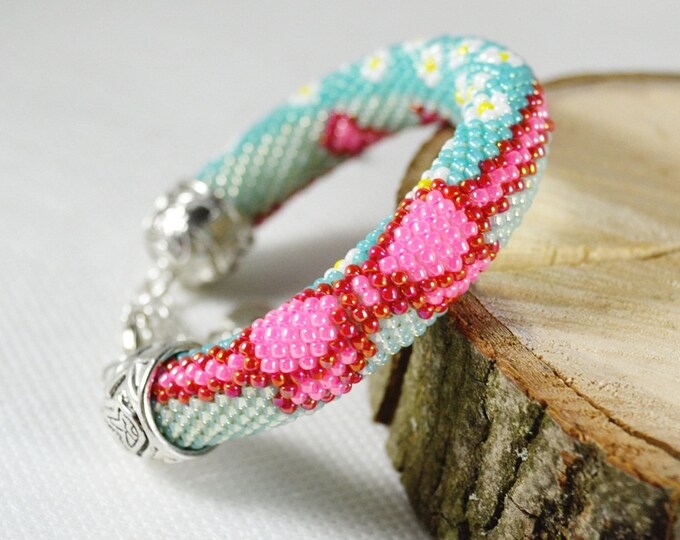 Bead crochet rope Bracelet Beaded Bracelet gift for her Beadwork Beaded jewelry With colored section pattern mint pink bow cute sweet flower