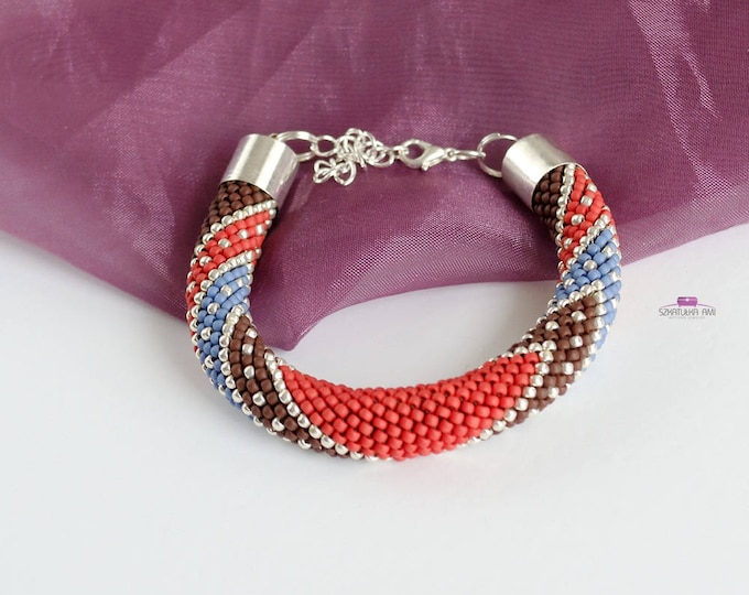 Red blue brown bracelet crochet colorful bracelet beaded bracelet handmade bangle braclets womens girls gift glass beads effect shading her
