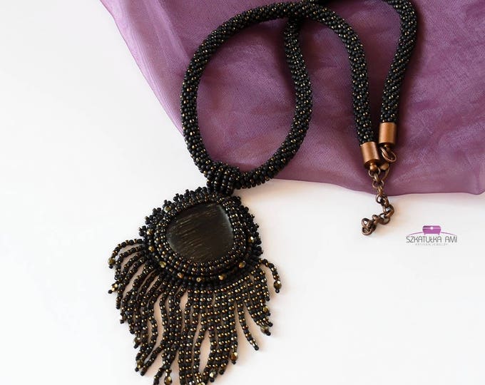 Statement necklace, black necklace, fringle necklace, stone necklace, beaded necklace, women gift, gemstone necklace, elegant necklace