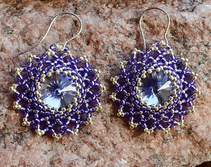 crystal earrings, Rivoli earrings, Swarovski earrings, flower earrings, purple earrings, glowing earrings, maroon earrings, party earrings