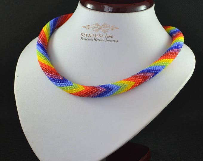 Rainbow necklace Seed beads necklace Summer jewelry Colour necklace shaded in Tube necklace Knitting Crochet necklace Mother womens gift