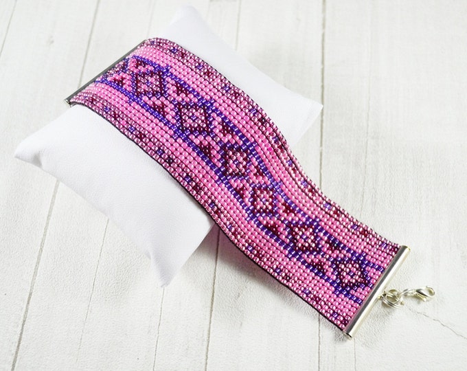 Pink purple bracelet woven bracelet loom bracelet aztec pattern cuff bracelet friendship gift seed beads bracelet womens girls gift springs