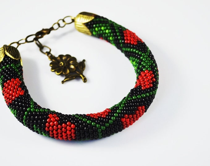 Heart crochet rope Bracelet Beaded Seed beads bracelet jewelry Colored pattern Black red green Womens girls gift Springs jewelry