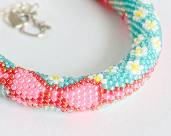 Bead crochet rope Bracelet Beaded Bracelet gift for her Beadwork Beaded jewelry With colored section pattern mint pink bow cute sweet flower