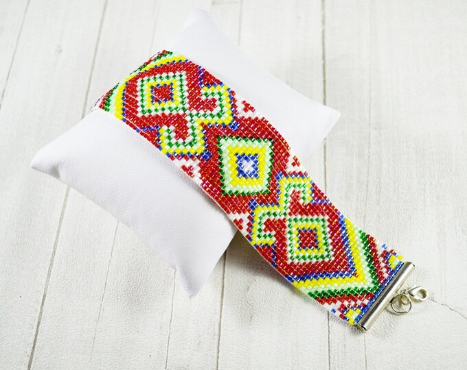 Aztec wide bracelet cuff, beaded bracelets, woven bracelet, cuff bracelet, statement bracelet, ethnic jewelry, boho bracelet, loom bracelets