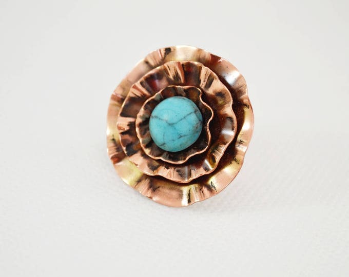 gypsy ring, turquoise ring, copper ring, flower big ring, statement ring, engagement ring, handcrafted ring, present for lady, women gift