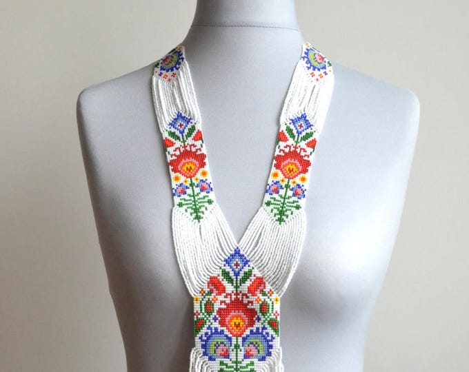 Gerdan necklace, folk necklace, long necklace, flower necklace, polish necklace, rainbow necklace, folk style, Ukrainian necklace, Seed bead