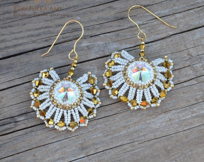 Gold white earrings fans swarovski crystal golden earrings long elegant seed beads handmade gift for her metal gold very nice christmas gift