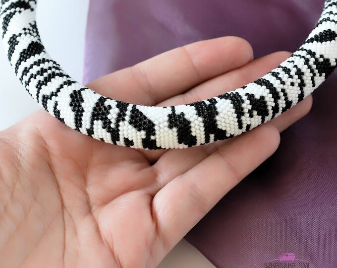 Zebra crochet bead necklace, black and white jewelry, animal print skin necklaces
