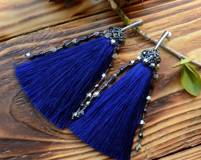 Long navy tassel earrings