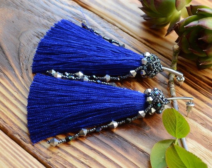 Long navy tassel earrings