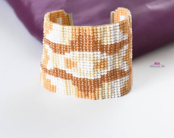 Beige wide bracelet loom cuff of the sleeve bead jewellery seed beads bracelets pattern caramel gift woven handmade iceland pattern