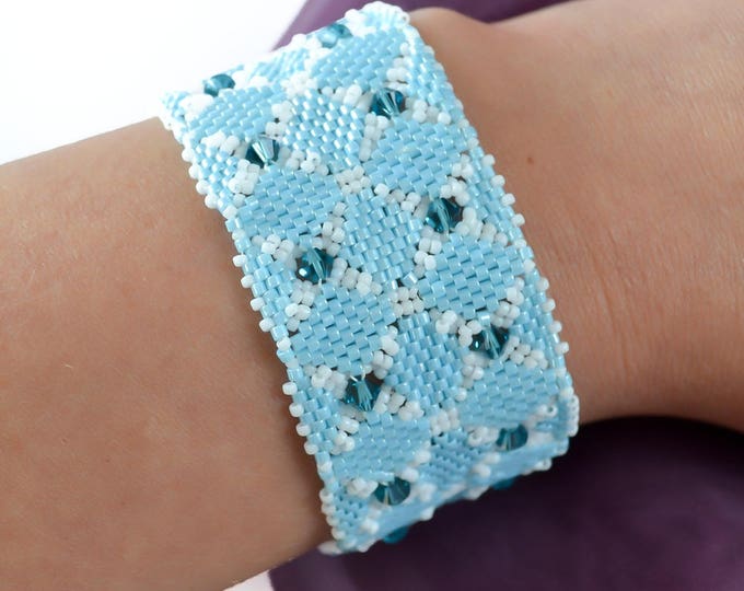 White and blue swarovski bracelets woven bracelet crystal bracelet bead bracelet womens girls gift idea thanksgiving cuff beaded crystal