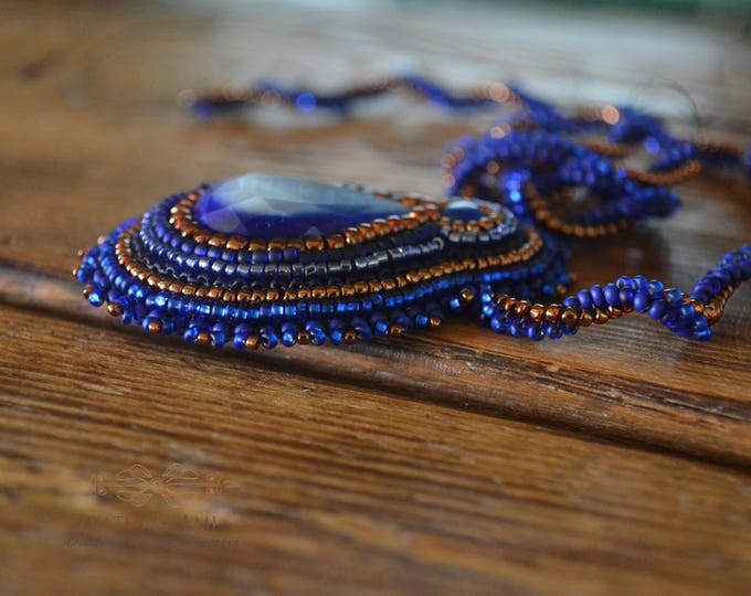 Blue sky necklace, glass necklace, seed bead necklace, beading bead cobalt necklace, gift for her, statement necklace, gold brown blue, boho