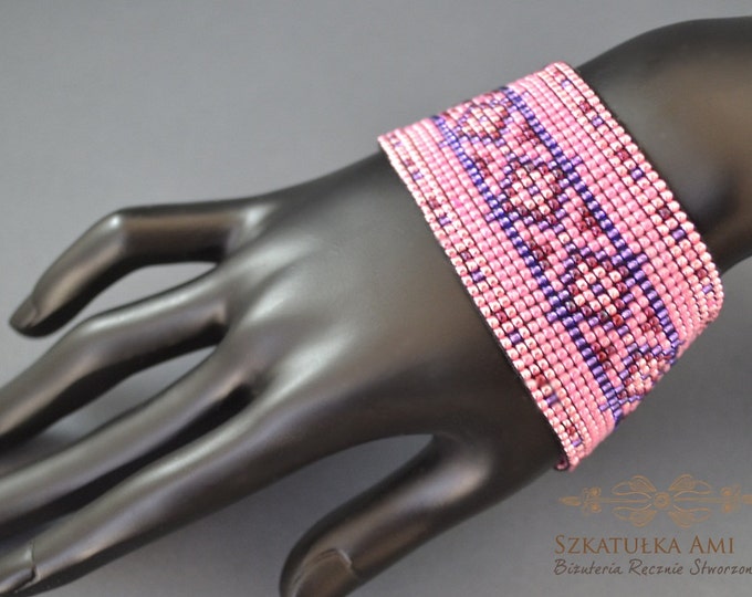 Pink purple bracelet woven bracelet loom bracelet aztec pattern cuff bracelet friendship gift seed beads bracelet womens girls gift springs