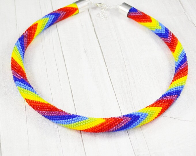 Rainbow necklace Seed beads necklace Summer jewelry Colour necklace shaded in Tube necklace Knitting Crochet necklace Mother womens gift