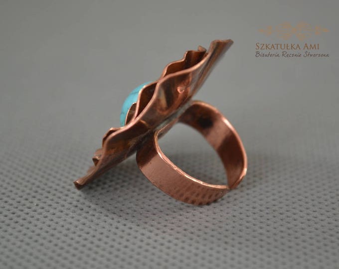 gypsy ring, turquoise ring, copper ring, flower big ring, statement ring, engagement ring, handcrafted ring, present for lady, women gift