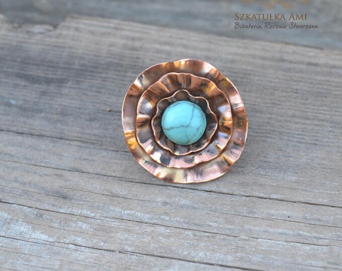 gypsy ring, turquoise ring, copper ring, flower big ring, statement ring, engagement ring, handcrafted ring, present for lady, women gift