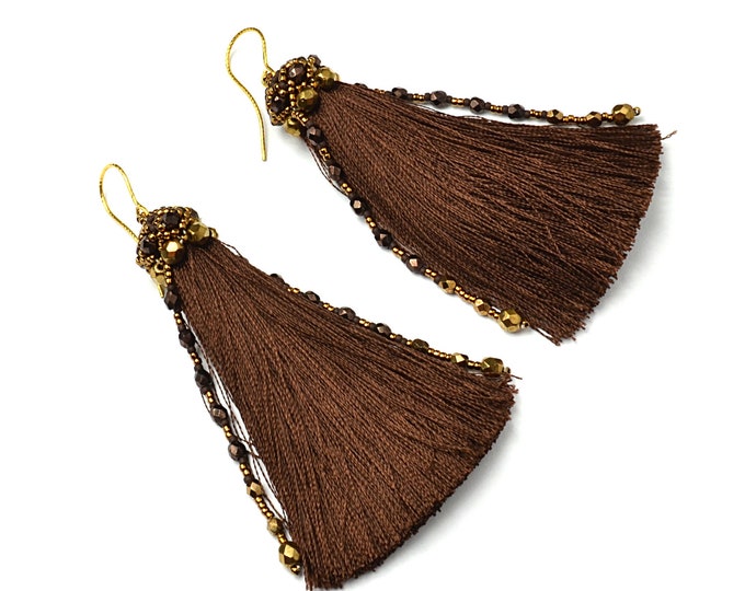 Long tassel earrings, boho chic earrings, fringe earrings, beaded earrings, tassel jewelry, elegant long tassels, seed bead earrings, women