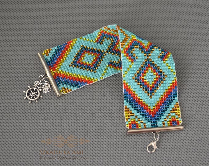 Wide bracelet, geometric bracelet, native bracelet, beaded bracelet, loom bracelet, woven bracelet, seed bead bracelet, gift for her, aztec