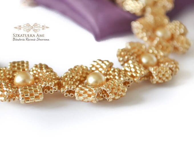 gold bead bracelet, bride bracelet, corsage bracelet, bridesmaid bracelet, flower bracelet, beaded bracelet, wedding bracelet, pearl flower