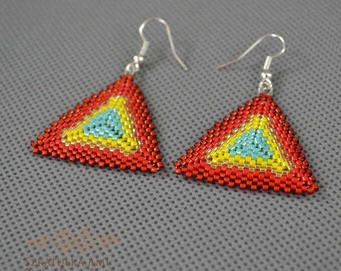 Colourful triangles earrings Woven earrings Sedd beads earrings Shadow Beads earrings Gift for her Elegant earrings Drop earrings Dangle