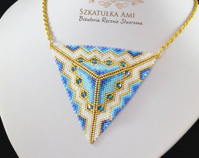 pendant triangle, beaded triangle, triangle necklace, geometric necklace, blue gold triangle, tribal necklace, tribal jewelry, beadwork