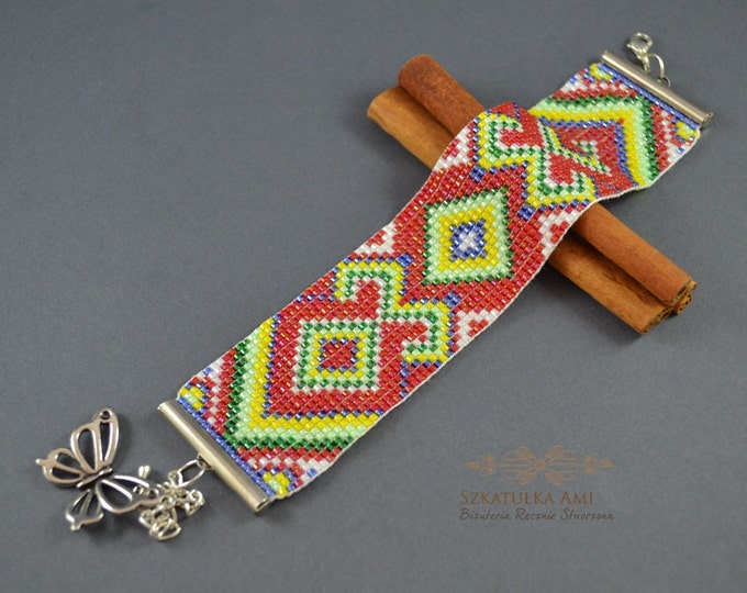 Aztec wide bracelet cuff, beaded bracelets, woven bracelet, cuff bracelet, statement bracelet, ethnic jewelry, boho bracelet, loom bracelets