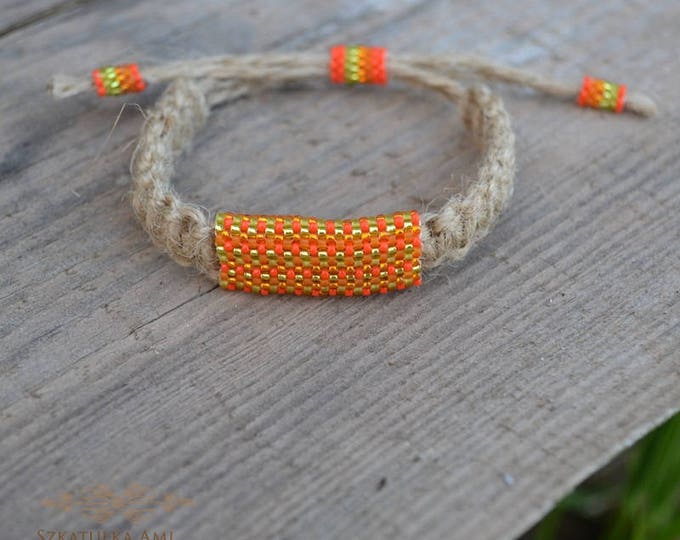 Orange hemp bracelet, guys bracelet, men bracelet, natural bracelet, hippie bracelet, men jewelry, macrame bracelet, bead bracelet, beaded