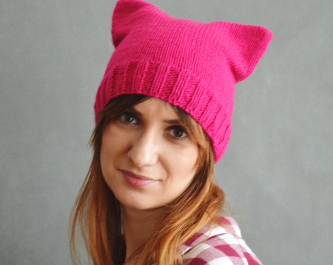 Pink Pussyhat Cap Cat Hat Acrylic intense pink Unisex Cat hat striations hat Custom pussyhat Pink pussyhat Mens cat hatines