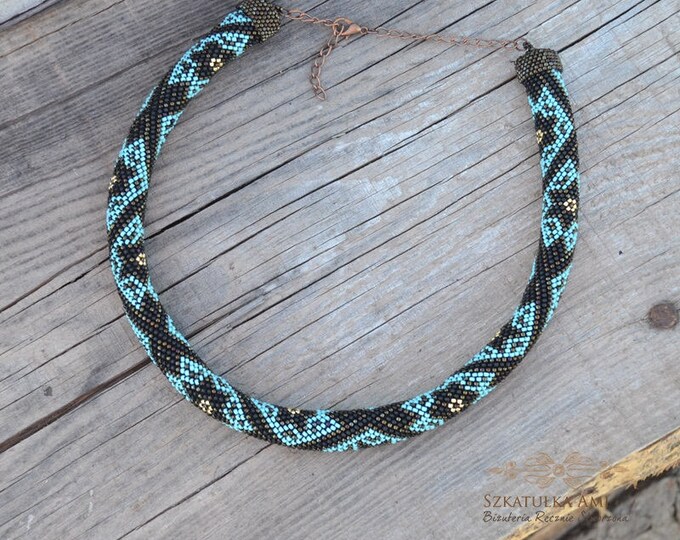 Turquoise necklace, beaded necklace, seed bead necklace, crochet necklace, statement necklace, bead crochet, crocheted necklace, beaded rope