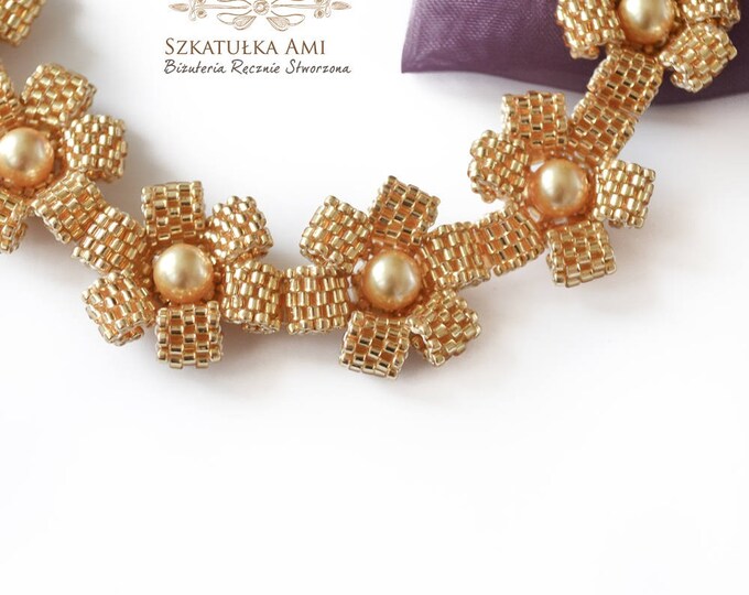 gold bead bracelet, bride bracelet, corsage bracelet, bridesmaid bracelet, flower bracelet, beaded bracelet, wedding bracelet, pearl flower