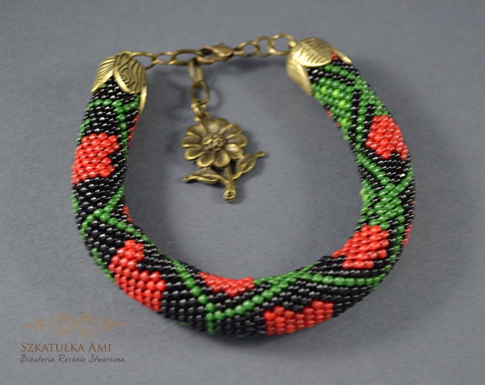 Heart crochet rope Bracelet Beaded Seed beads bracelet jewelry Colored pattern Black red green Womens girls gift Springs jewelry