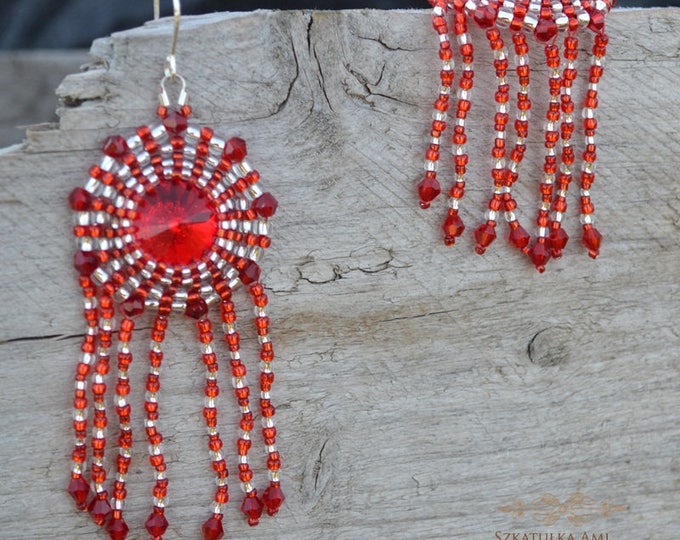 Red Crystal earrings, swarovski earrings, boho earrings, Small glass beads, hand woven, fringe earrings, medium earrings, silver hooks