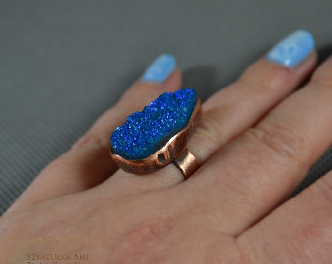 Ring Agate Titanium Coating Stone Boho Copper Ring Unique Ring Statement Ring Copper Sheet Embossed Not Heavy Blue Universal Ring Gift Her