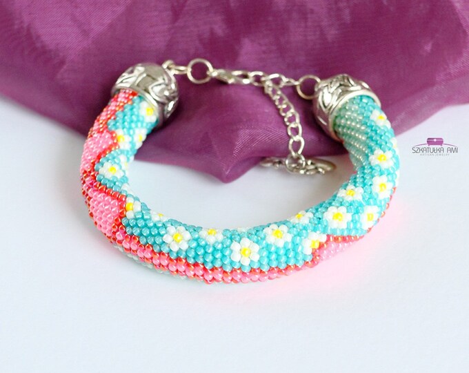 Bead crochet rope Bracelet Beaded Bracelet gift for her Beadwork Beaded jewelry With colored section pattern mint pink bow cute sweet flower